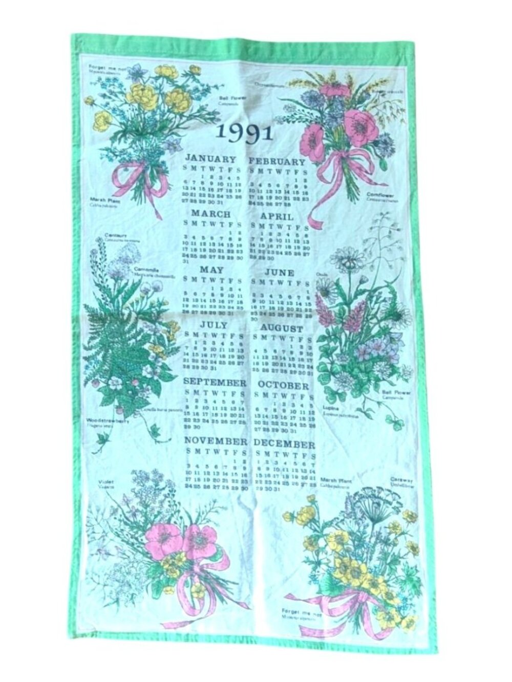 1991 Floral Calendar Tea Towel With Green Trim 100% Cotton 14x25" Made in Brazil
